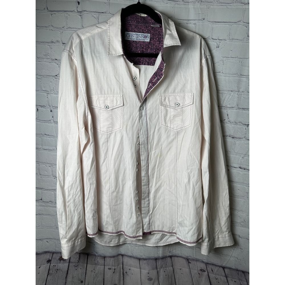 John Lennon Mens 2XL Button Down Shirt White Purple Paisley Trim Long Sleeve